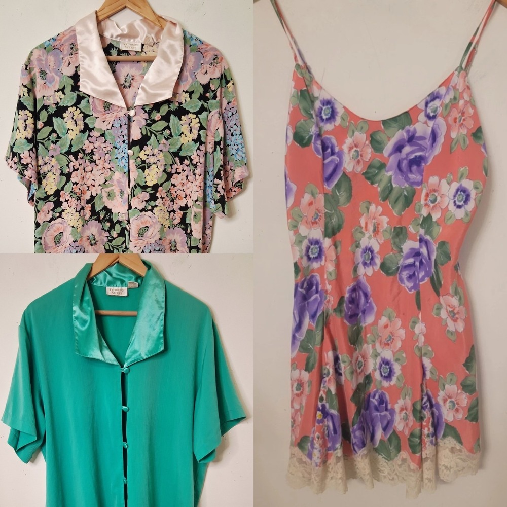 Vintage Victoria's Secret Gold Label Floral Satin‎ Sleep Shirt Nightgown Lot